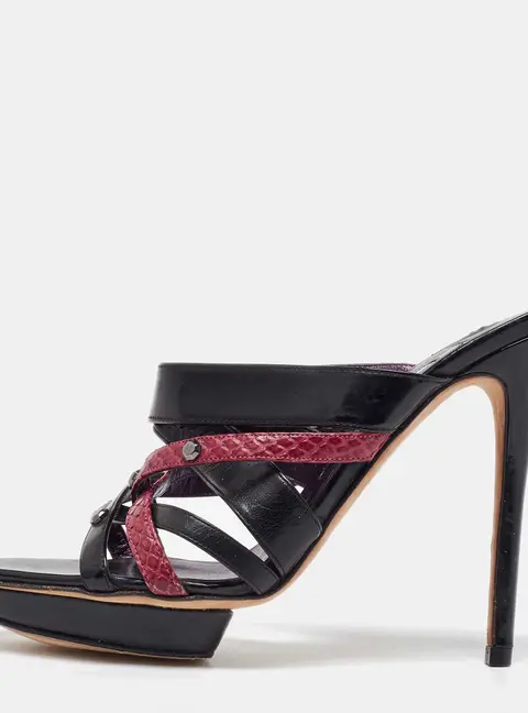 Gina Black/Maroon Leather and Snakeskin Strappy Platform Sandals Size 40