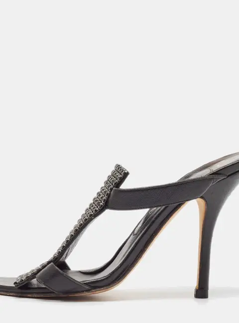 Gina Black Leather Crystal Embellished Slide Sandals Size 38.5