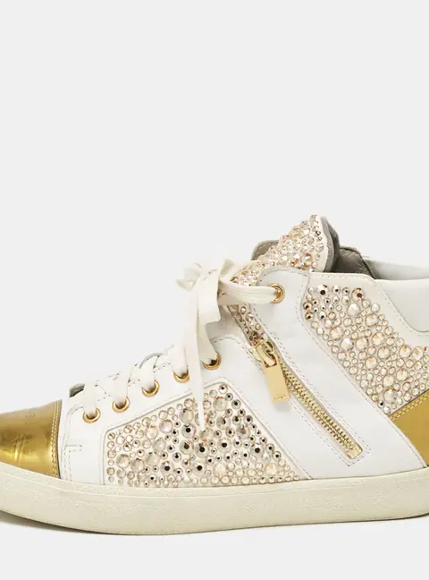 Gina White/Gold Leather Crystal Embellished High Top Sneakers Size 39
