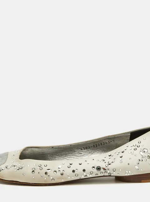 Gina Light Grey/Silver Satin and Leather Crystal Embellished Ballet Flats Size 40