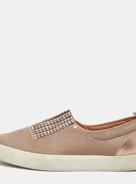 Gina Beige/Metallic Calf Hair and Leather Crystal Embellished Slip On Sneakers Size 37