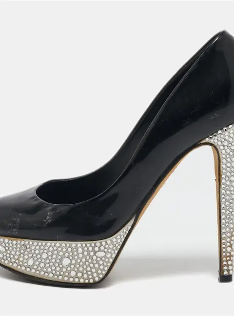 Gina Black Patent Leather  Crystal Embellished Platform Pumps Size 37