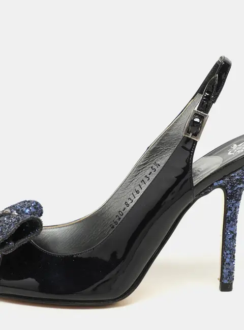 Gina Blue Patent Leather and Glitter Bow Embellished Peep Toe Slingback Pumps Size 38.5