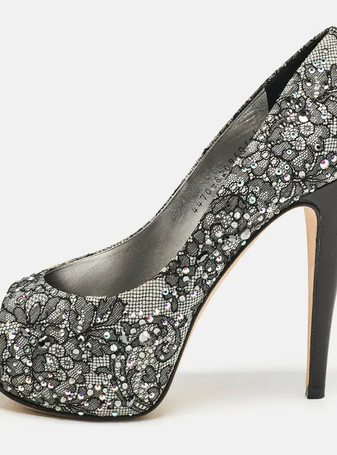 Gina Grey/Black Lace Crystal Embellished Open Toe Platform Pumps Size 39