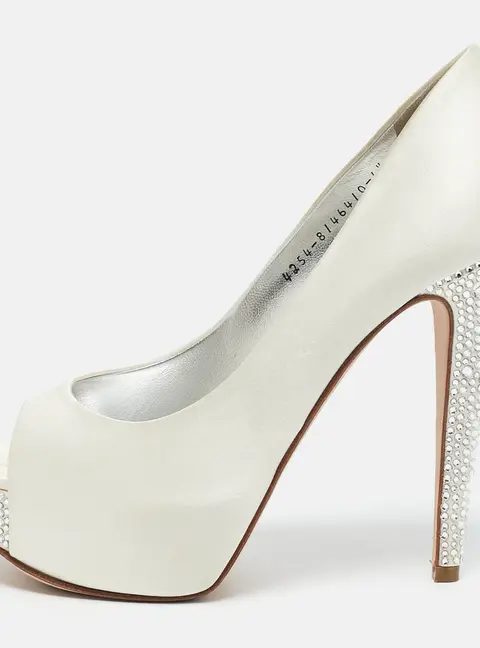 Gina White Satin Jenna Crystal Embellished Heel Open Toe Platform Pumps Size 39.5