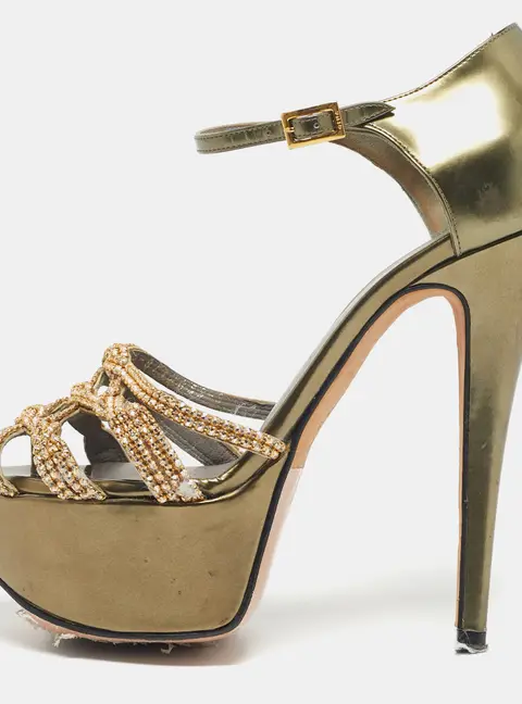 Gina Green Patent Leather Crystal Embellished Ankle Strap Platform Sandals Size 38