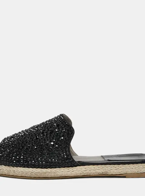 Gina Black Satin Crystal Embellished Espadrille Flats Size 37
