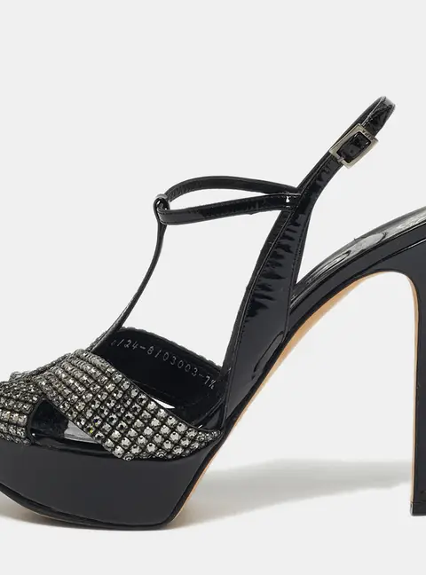 Gina Size 40.5 Black Patent Leather Crystal Embellished T-Strap Platform Sandals