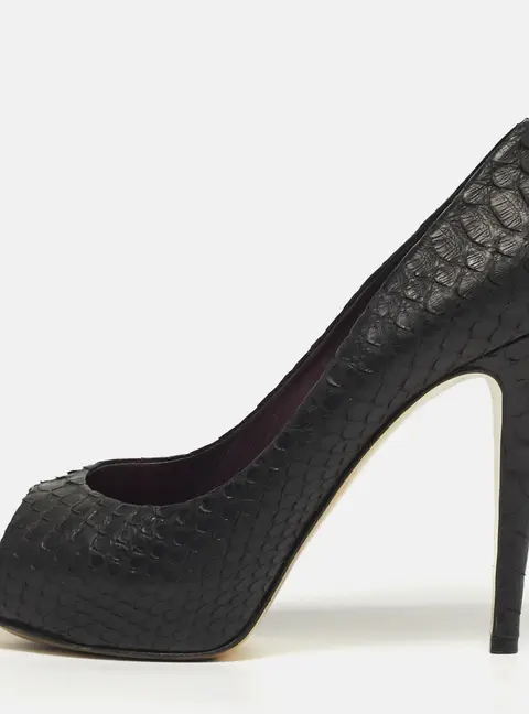 Gina Size 40.5 Black Python Leather Platform Peep Toe Pumps