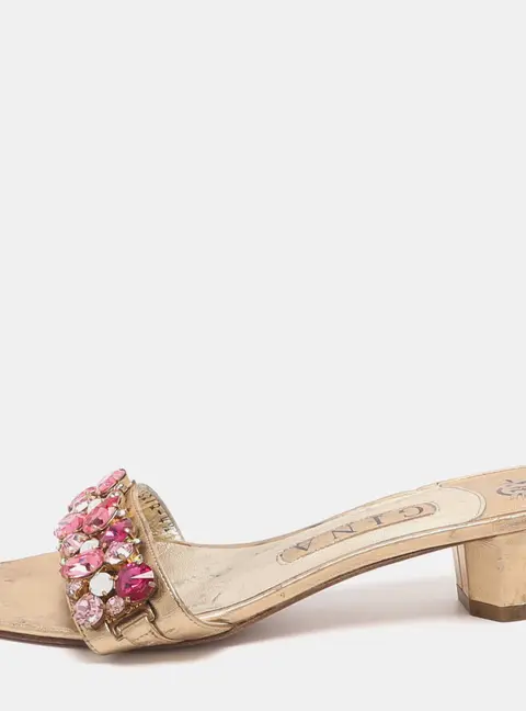 Gina Size 37.5 Gold Leather Crystal Embellished Slide Sandals