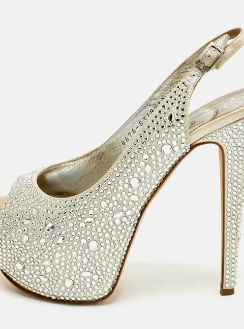 Gina Size 38.5 Light Grey Satin Crystal Embellished Peep Toe Platform Slingback Sandals