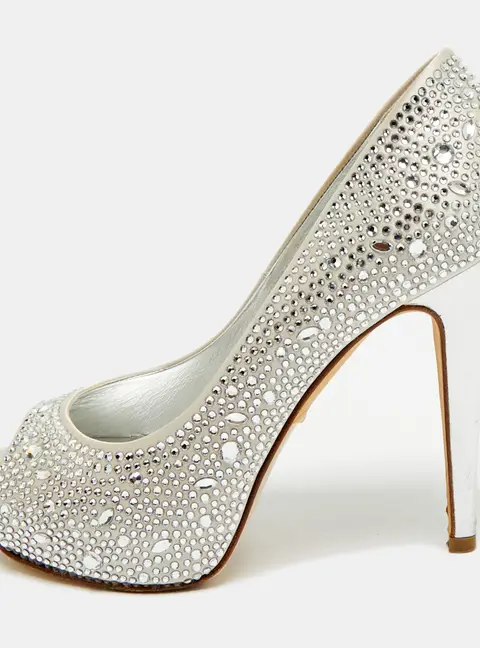 Gina Size 37.5 Grey Satin Crystal Embellished Platform Peep Toe Pumps