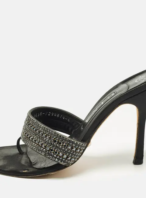 Gina Size 39 Black Leather Crystal Embellished Thong Slide Sandals