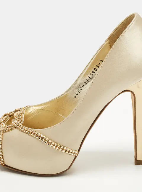 Gina Size 37 Gold Leather and Satin Crystal Embellished Platform Pumps