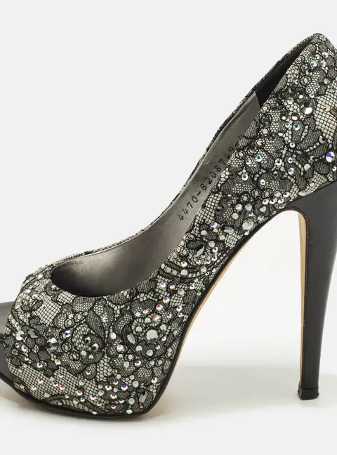 Gina Size 37 Grey/Black Satin and Lace Crystal Embellished Platform Peep Toe Pumps