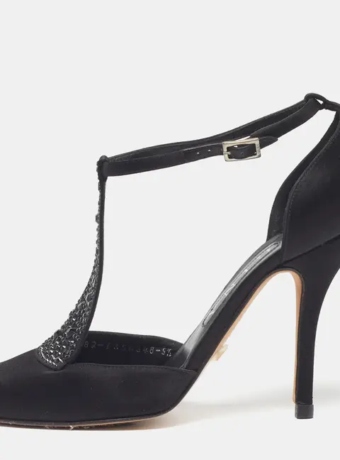 Gina Size 38.5 Black Satin Crystal Embellished T-Bar Pumps