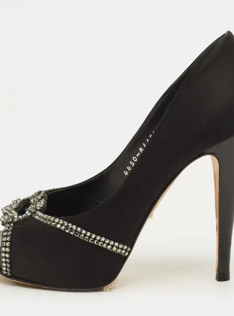 Gina Size 38 Black Satin Crystal Embellished Platform Pumps