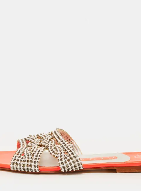 Gina Size 37.5 Pink Leather Crystal Embellished  Flat Slides