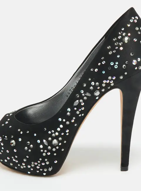 Gina Black Crystal Embellished Satin Open Toe Platform Pumps Size 39