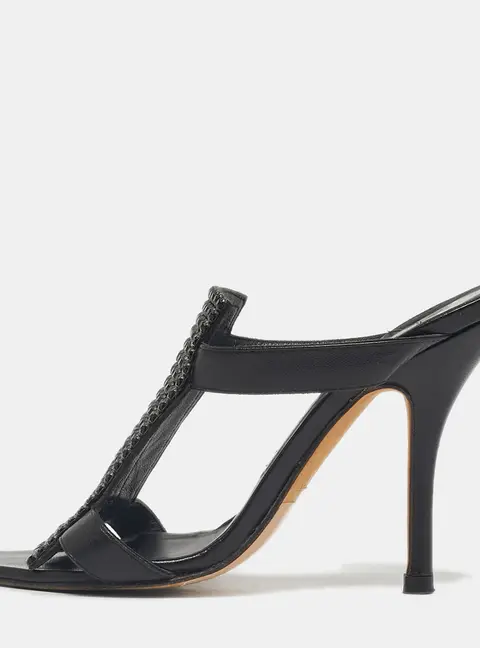 Gina Black Crystals and Leather Slide Sandals Size 37