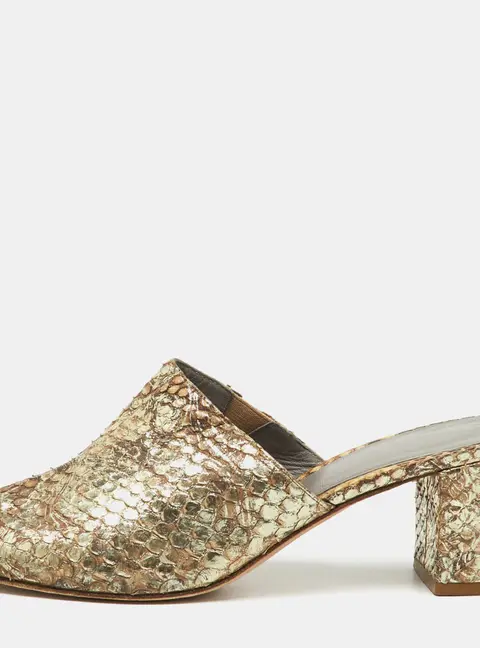 Gina Metallic Beige Snakeskin Leather Block Heel Slide Sandals Size 38