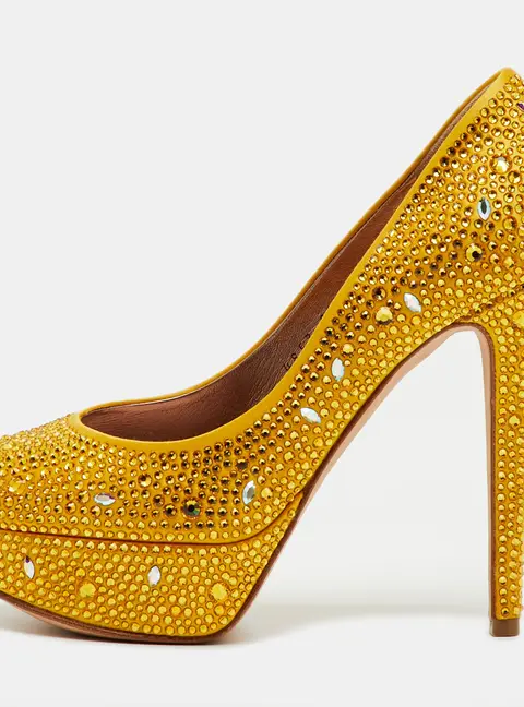 Gina Yellow Satin Dolly Crystal Embellished Platform Pumps Size 37.5
