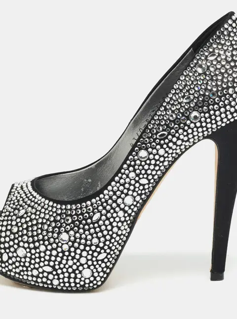 Gina Size 38.5 Silver/Black Satin Crystal Embellished  Platform Pumps