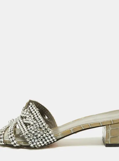 Gina Oregon Size 38 Grey Croc Embossed Leather Crystal Embellished Slide Sandals