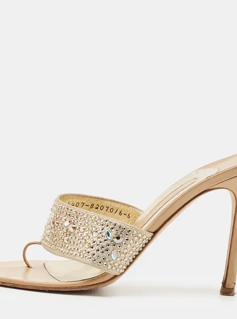 Gina Size 39 Beige Satin Crystal Embellished Thong Slide Sandals