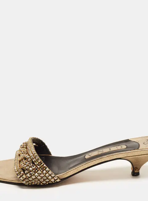 Gina Size 40 Gold Leather Crystal Embellished Slide Sandals