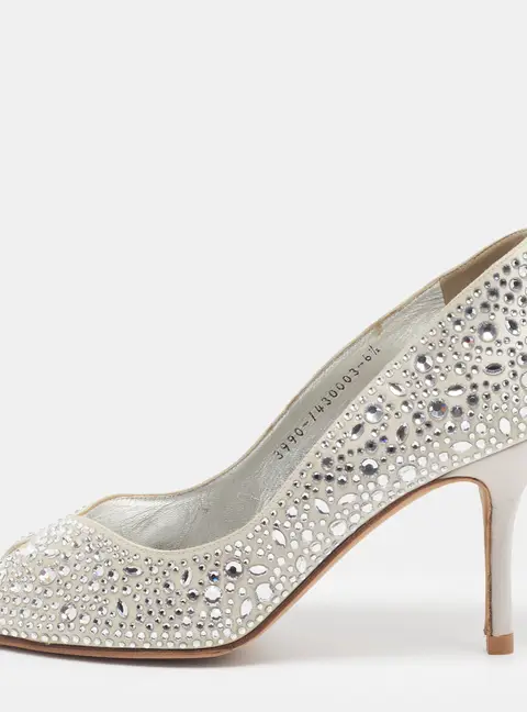 Gina Size 39.5 Silver Satin Crystal Embellished Ayres Peep Toe Pumps