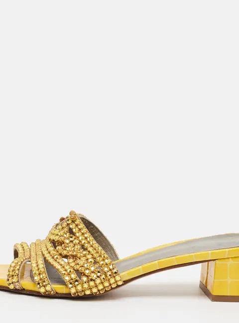 Gina Size 37 Yellow Croc Embossed and Leather Crystal Embellished Slide Sandals