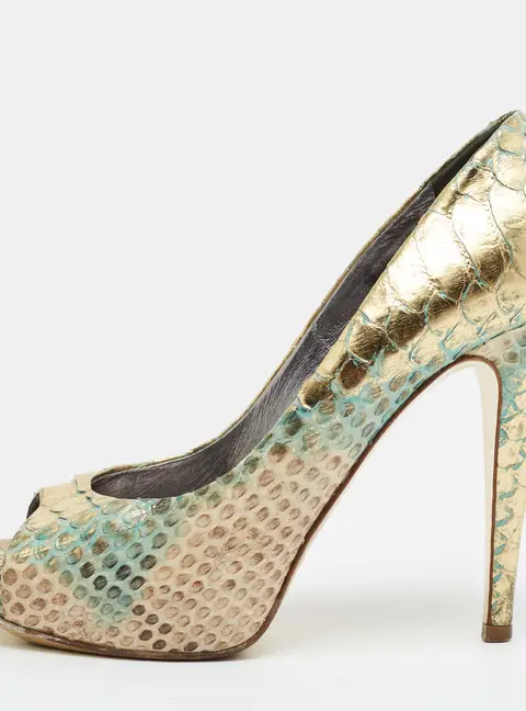 Gina Size 39 Multicolor Python Leather Peep Toe Platform Pumps