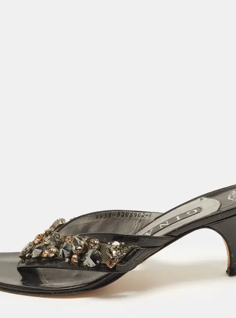 Gina Size 41 Black Patent Leather Crystals Embellished Thong Sandals