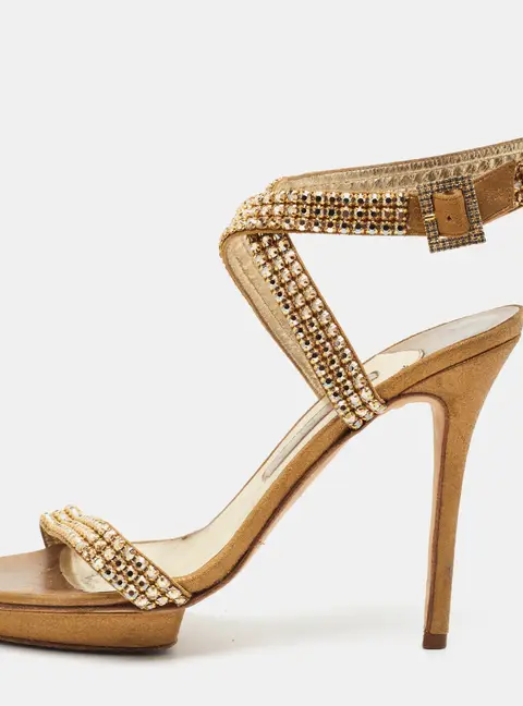 Gina Size 39 Gold Leather Crystal  Embellished Ankle Strap Sandals