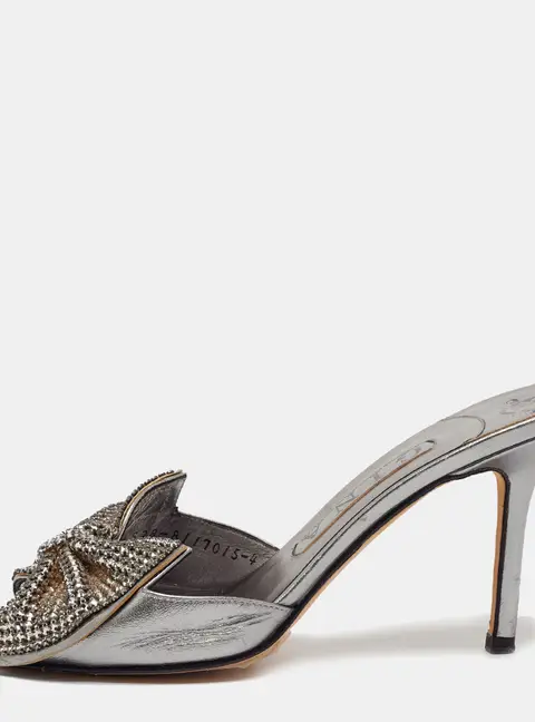 Gina Size 34 Silver Leather Crystal Embellished Slide Sandals