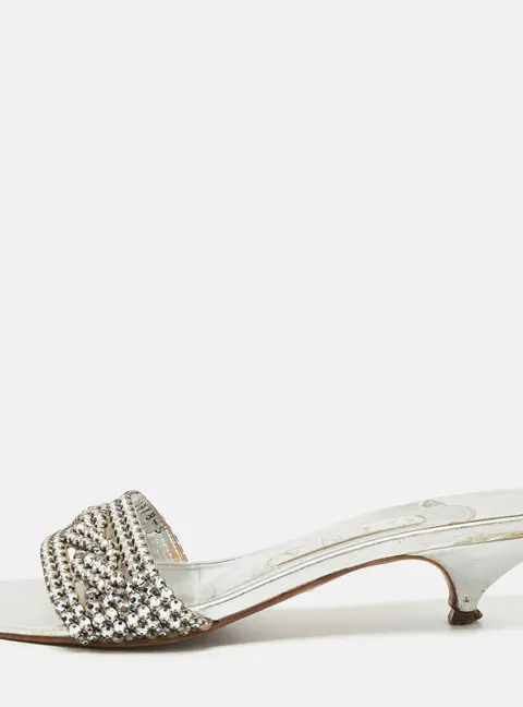 Gina Size 38 Silver Leather Crystal Embellished Kitten Heel Slide Sandals