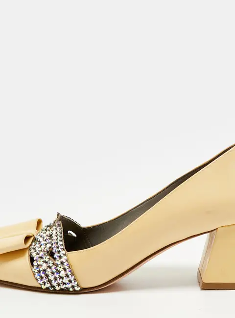Gina Size 37 Beige Patent Leather Crystal Embellished Block Heel Pumps