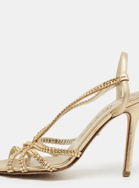 Gina Size 37 Gold Leather Crystal Embellished Slingback Sandals