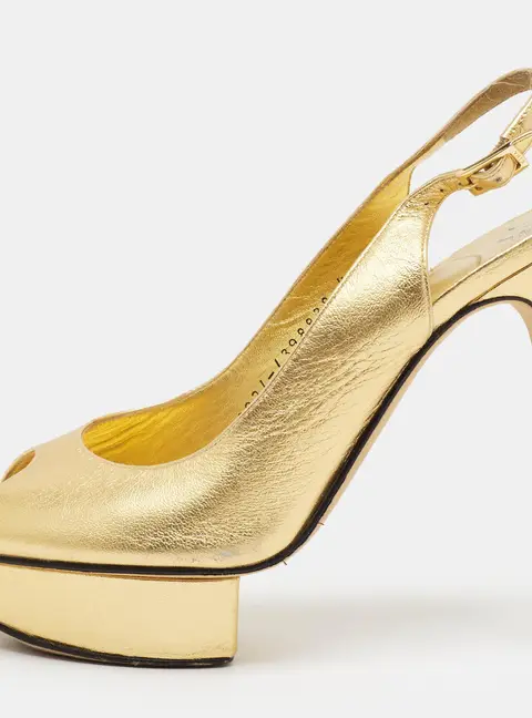 Gina Size 37 Gold Leather Peep Toe Slingback Pumps