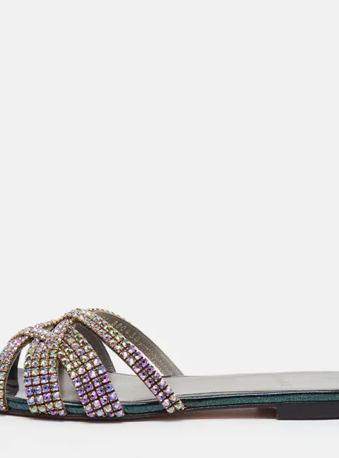 Gina Loren Size 38 Multicolor Leather Crystal Embellished Flat Slides