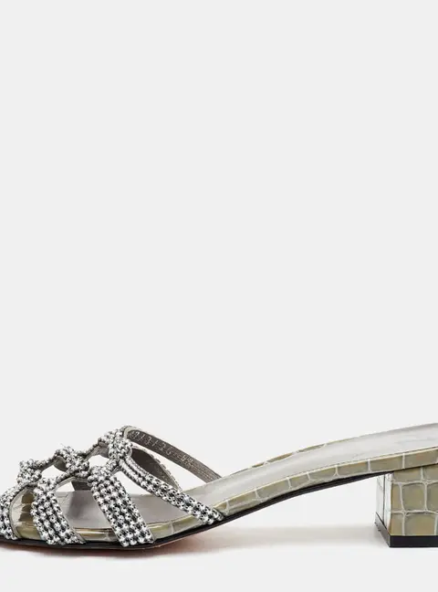 Gina Size 37.5 Green Leather Crystal Embellished Slide Sandals