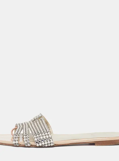 Gina Loren Size 38 Beige Patent Leather Crystal Embellished Flat Slide Sandals