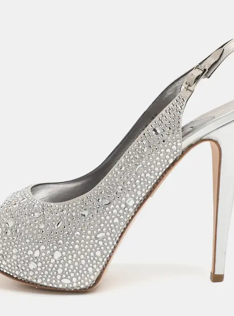 Gina Size 40.5 Silver Crystals and Satin Slingback Platform Sandals