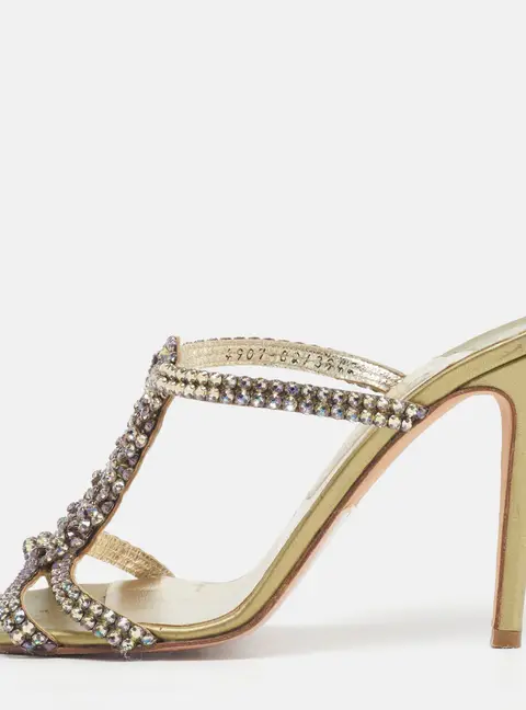 Gina Size 39.5 Green Leather Crystal Embellished  Slide Sandals