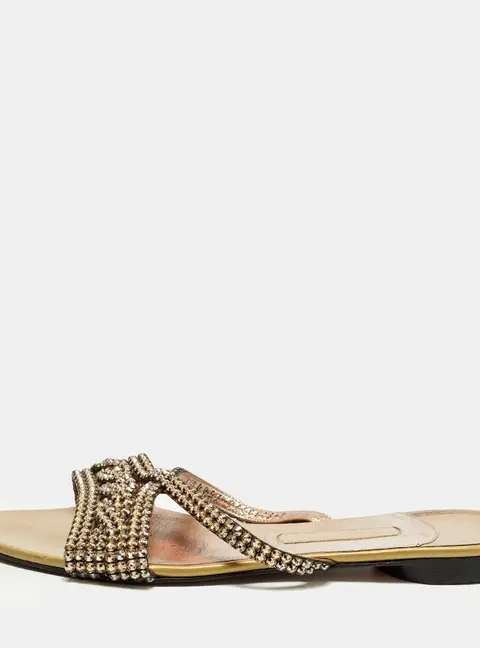 Gina Size 40 Metallic Bronze Leather Crystal Embellished Flat Slide