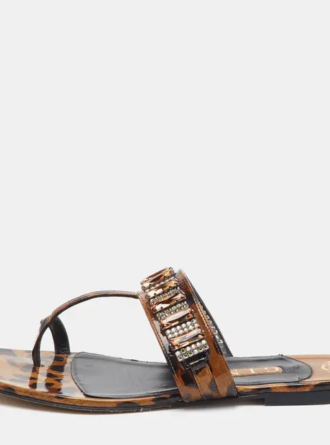Gina Size 40 Brown Leopard Print Patent Leather Crystal Embellished Flat Sandals