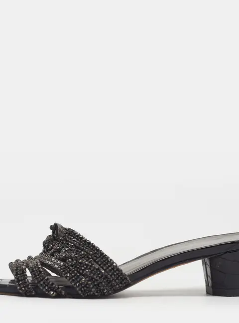 Gina Size 37 Black Croc Embossed Patent Leather Crystal Embellished Block Heel Slide Sandals