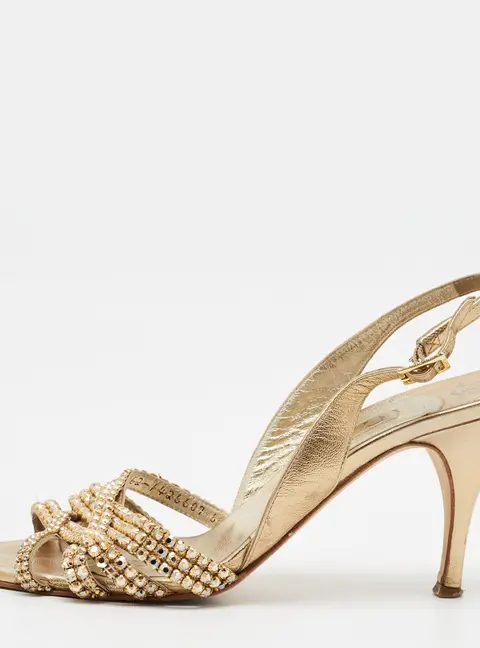 Gina Size 39 Gold Leather Crystal Embellished Slingback Sandals