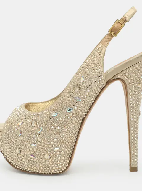 Gina Embellished Size 37.5 Beige Satin Peep Toe Platform Pumps
